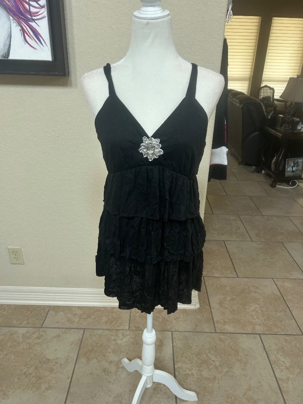 Surrealist Black Tiered Ruffle with Brooch Dress. NWT. Sz.3